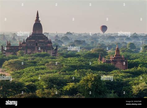 Balloon Over Bagan Hot Air Balloons Floating Among The Skyline Of Temples Myanmar Stock Photo