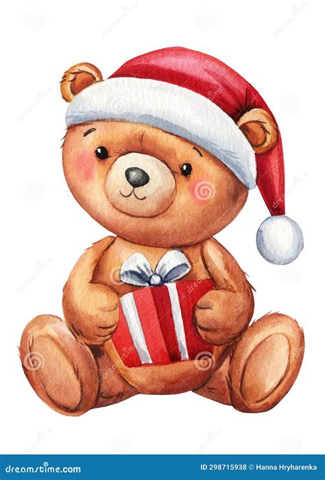 Christmas Teddy Bear In Santa Claus Hat With Gift Box Watercolor