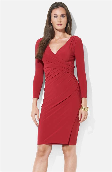 Lauren By Ralph Lauren Ruched Surplice Jersey Sheath Dress In Red