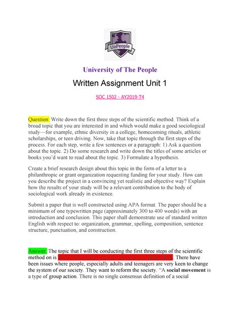 Written Assignment Unit Soc University Of The People Written