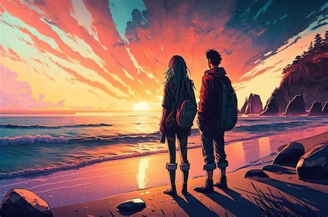 Premium Photo Anime Couple Watching Sunset On Beach