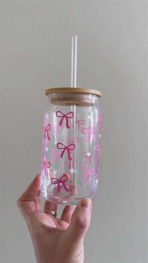 Coquette Pink Bow Glass With Bamboo Lid Glass Straw Girly Christmas