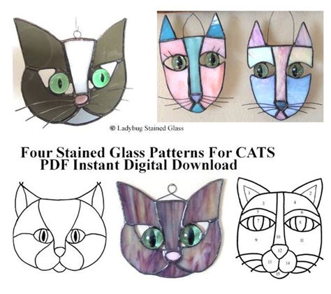 Cats Pattern For Stained Glass Suncatchers Four Different Etsy Stained Glass Patterns