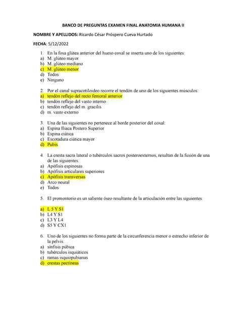 Banco DE Preguntas Final Anatomia II Preguntas Udabol BANCO DE