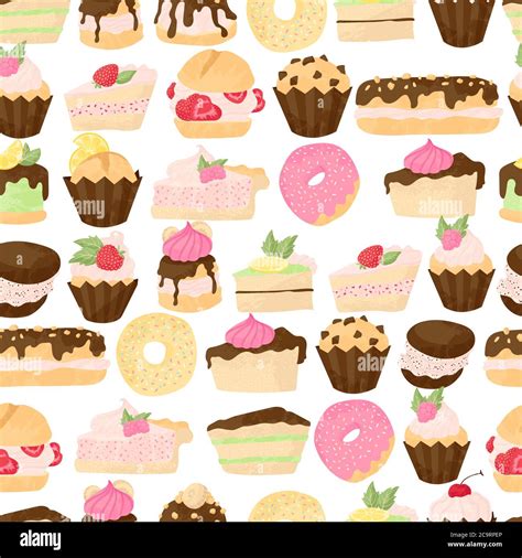 Vector Pastry Seamless Pattern With Cakes Pies Profiterole Muffins