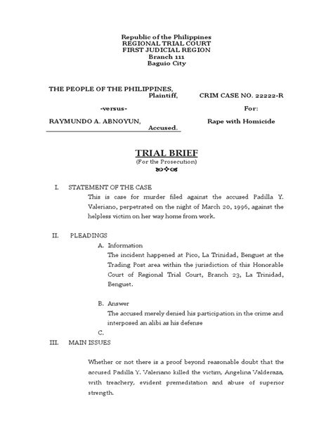 Trial Brief Republic Of The Philippines Regional Trial Court First Judicial Region Branch 111