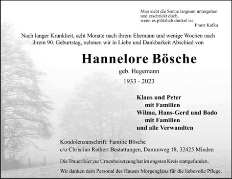 Traueranzeigen Von Hannelore B Sche Trauer Mt De