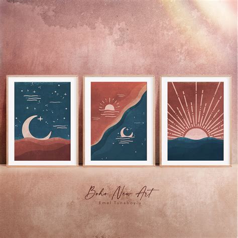 Boho Sun And Moon Set Of 3 Wall Art Boho Celestial View Etsy