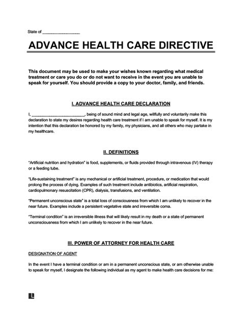 Free Advance Directive Form Living Will Mpoa Pdf Word