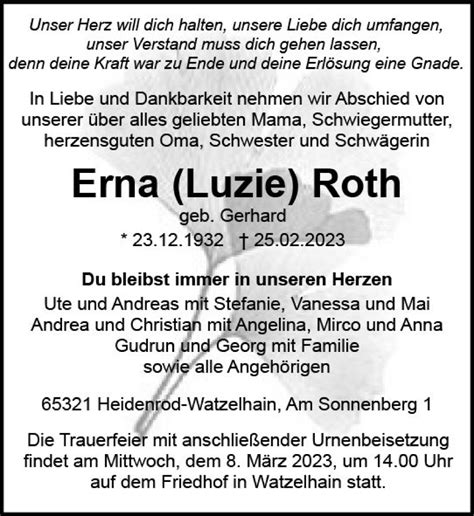 Traueranzeigen Von Erna Luzie Roth Vrm Trauer De