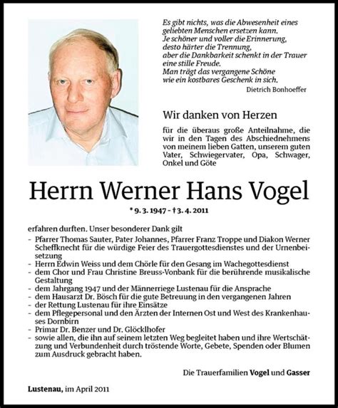 Todesanzeigen Von Werner Hans Vogel Todesanzeigen Vorarlberger