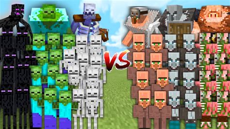 Zombie Skeleton Enderman Vs Villagers Pillager Piglins In Minecraft Mob