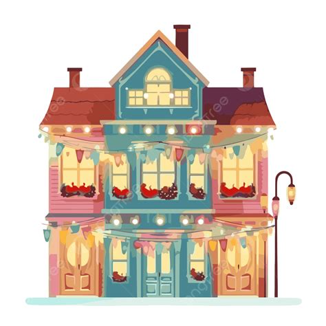 Christmas Lights On House Vector Sticker Clipart Small House With