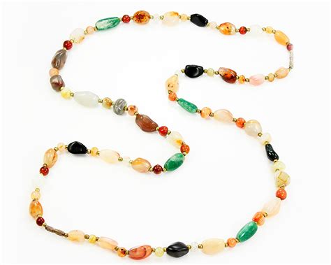 Two Vintage Agate Multi Colored Stone Beaded Necklaces Pair 18 Inch