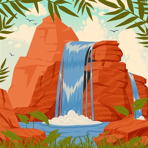 Premium Vector Cartoon River Waterfall Poster Wild Nature Landscape