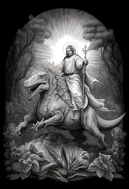 Premium Ai Image A Picture Of Jesus Riding A Dinosaur With The Word