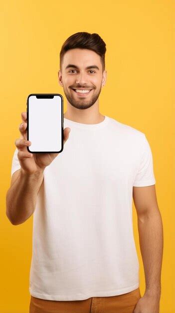 Premium Photo A Man In A White T Shirt Holding Up A Cell Phone