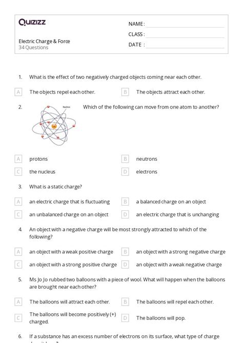 Electric Charge Worksheets For Th Grade On Quizizz Free Printable