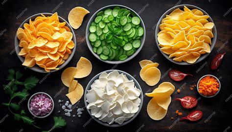 Premium Photo | Snacks and chips with different flavors generative ai