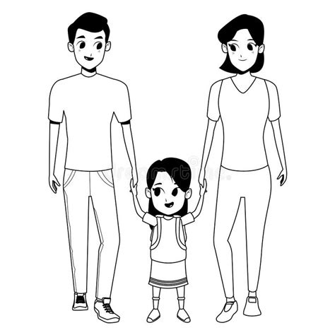 Family Young Parents with Children Cartoon in Black and White Stock ...