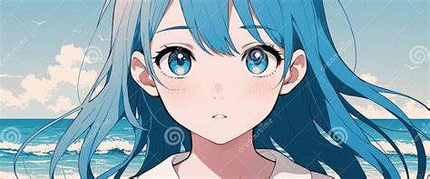 Anime Japanese Girl Big Blue Eyes On Sea Stock Image Image Of Japan Aquatic 323111271