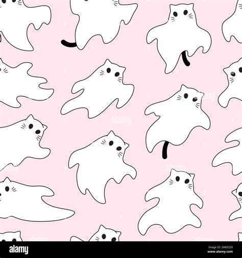 Simple Cute Cat Kitten Ghost Characters With Tails And Whiskers Seamless Vector Pattern