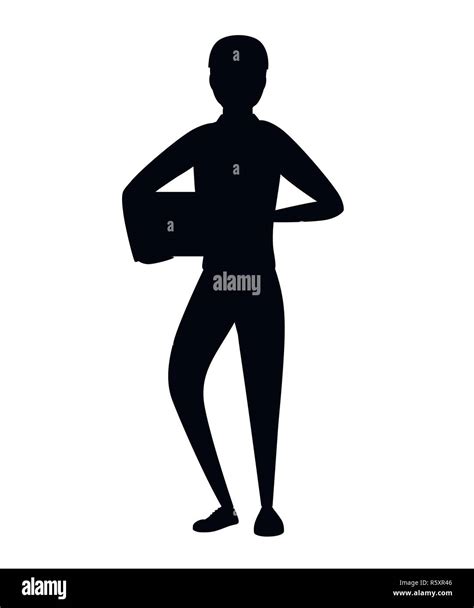 Black Silhouette Postal Courier Delivery Worker Holding Cardboard Box Cartoon Character