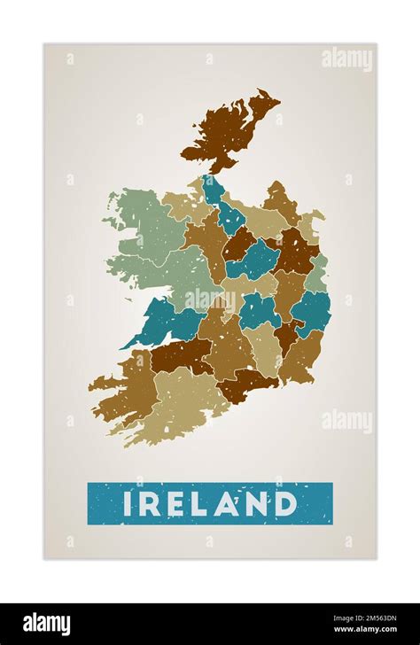 Mapa de Irlanda Cartel de país con regiones Vieja textura grunge