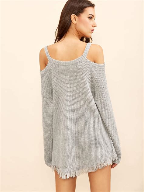 Grey Cold Shoulder Waffle Knit High Low Sweater Shein Sheinside