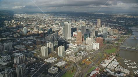 The Tall High Rises Of Downtown Portland Oregon Aerial Stock Photo