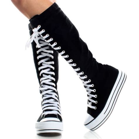 Canvas Platform Sneakers Ladies Punk Womens Skate Shoes Lace Up Knee High Boots Ebay Knee