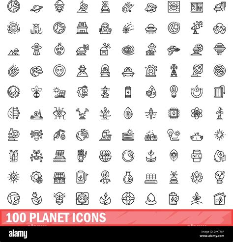 100 Planet Icons Set Outline Illustration Of 100 Planet Icons Vector