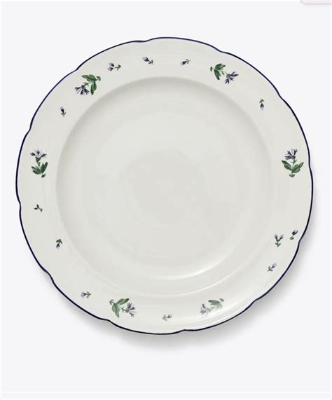 A White Plate With Blue Trim And Green Flowers On The Rim Against A