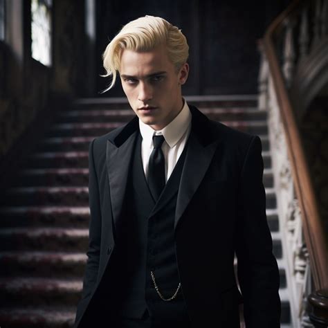 A Man With Blonde Hair Wearing A Black Suit And Tie Standing In Front