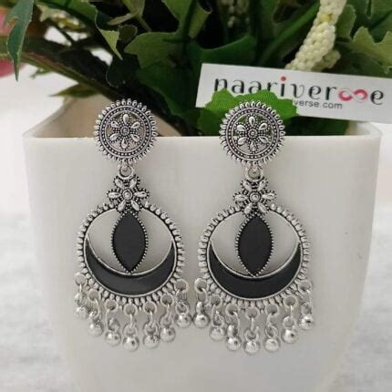 Diya Shape Black Mirror Silver Oxidised Chandbali Earrings Naariverse