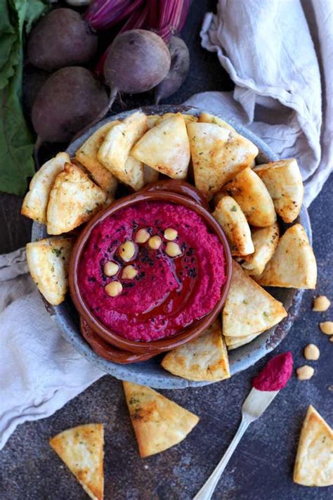 Healthy Vegan Roasted Beetroot Hummus Served With Pita Chips Is A