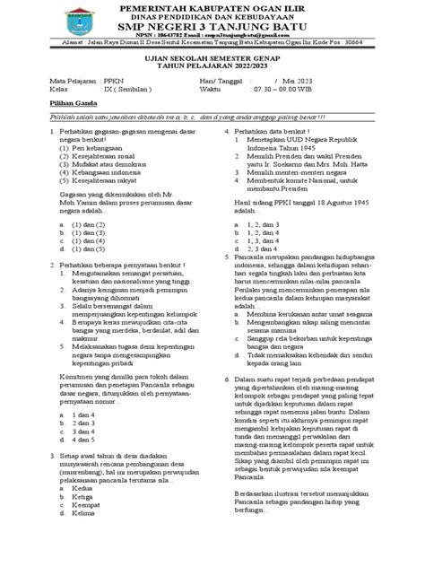 Soal Us Pkn Kelas 9 2023 Pdf