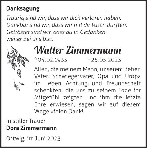 Traueranzeigen von Walter Zimmermann Märkische Onlinezeitung Trauerportal