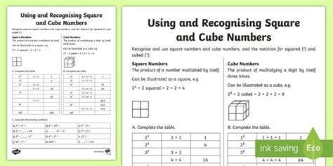 Using And Recognising Square And Cube Numbers Worksheet