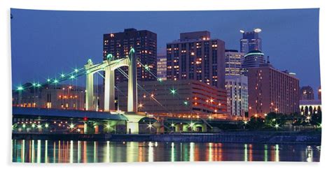 Minneapolis Skyline At Night Beach Sheet By Heidi Hermes Pixels