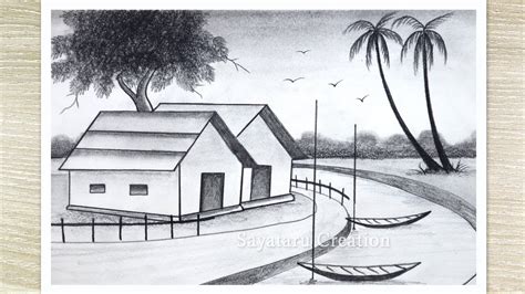 How To Draw Village Scenery With Pencil Pencil Sketch For Beginners