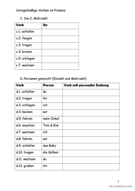 unregelmäßige Verben im Präsens Teil Deutsch DAF Arbeitsblätter pdf doc