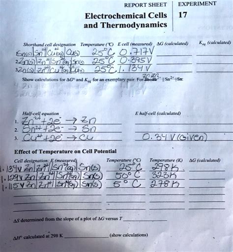 Report Sheet Experiment Electrochemical Cells And Solvedlib