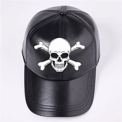 Black Leather Baseball Cap With Skull - Leatheriza