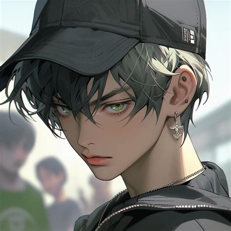 Premium AI Image | anime boy with green eyes wearing a black hat and ...