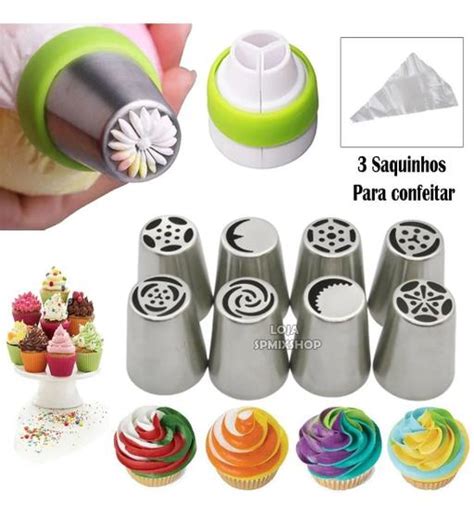 Kit 8 Bicos Adaptador Sacos Russo Para Decorar Bolo Cupcake SPM