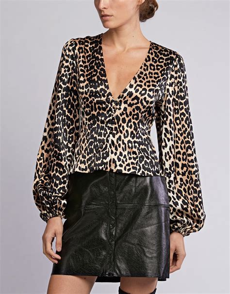 Ganni Leopard Print V Neck Silk Blend Satin Blouse Lyst