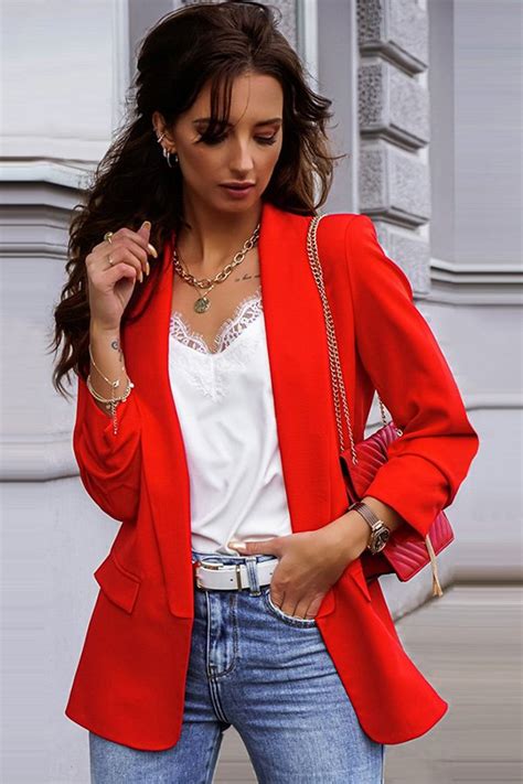 Ladies Red Blazer With Open Front And Long Sleeve