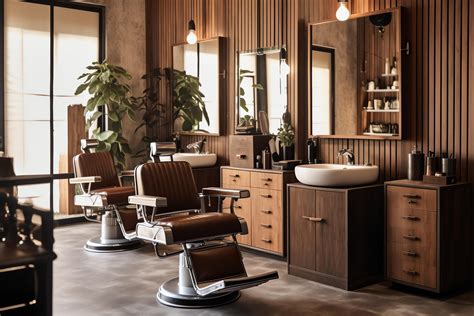 Modern barbershop interior with mirrors chair and other equipment near