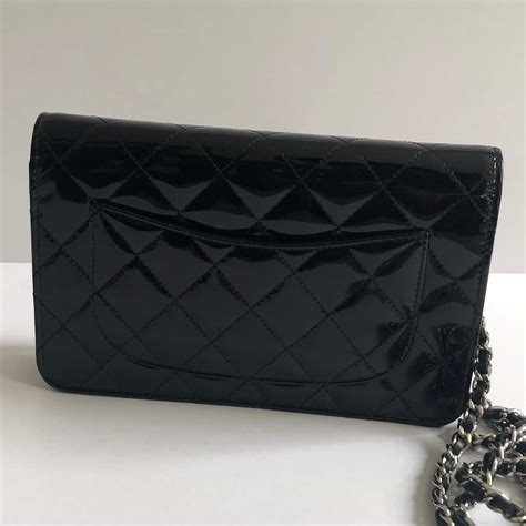 Chanel Black Quilted Patent Leather Flap Shoulder Wallet On Chain Woc